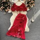 Women Summer Korean Dot Vacation Set Elastic Ruched Puff Sleeve Short Tops+Irregular Ruffle Long Skirt Two Piece