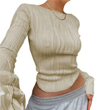 Crop Top 2000s Aesthetic Women Ruched Round Neck Long Sleeve T Shirt Solid Color Clothes Elegant Ladies Tee y2k - As photo shows / S
