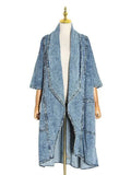 Toloer Personality Versatile Windbreaker 2024 Autumn New Fashion Wind Seven Minute Sleeve Long Blue Denim Coat Woman-Outfit