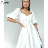 Summer Sexy White Dress Puff Sleeve Square Neck A-Line Mini Dress Women Elegant Pleated Casual Party Prom Dresses Lady