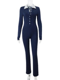 Blue Buttoned Collar Long Sleeve Jumpsuit-Outfit