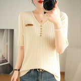 Toloer 2024 New Short Knit Women's Fashion Slim Short-Sleeve T-Shirt Thin Medium Sleeve Top-Outfit