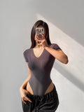 Trend Women's Wear Summer New V-Collar Short-Sleeved Jumpsuit Sexy Tight Open-File Jumpsuit Top-Outfit