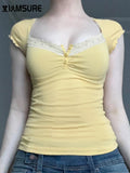 Sweet Solid Lace Trim T Shirt Casual Slim Square Collar Short Sleeve Tees Women 2024 Summer Fashion Streetwear Ladies 1028-1-Outfit