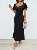 New Women's Temperament Solid Color Peach Heart Temperament Short-Sleeved Long Dress Dress