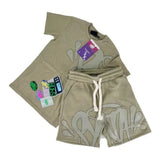 Aesthetics Male Gothic 2-Piece Hip-Hop Alphabet Print 0-Collar T-Shirt + Rope Wide Legs And Short-Outfit