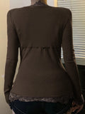 Lace Splicing Deep V-Neck Long-Sleeved T-Shirt Girl 2025 New