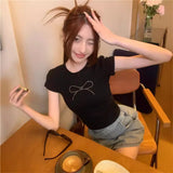 Toloer Summer Hot Girls Short Sleeve T-Shirt Women's Crop Black Bow Hot Diamond Slim Short Top