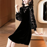 Velvet Dress Woman 2025 New Spring And Autumn Long Sleeves Chopped Flowers Retro Age-Old Light Style Chic