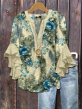 Creative Flower Element 3D Printed Casual Trend V-Necked Lace