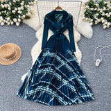 Luxury Elegant Dress Women's Fashion Collar Double Buckle Waist Long Sleeve Splicing Print 100 Folds Long