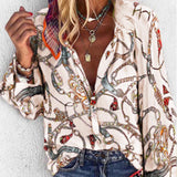 Lady Vintage Blouse Women Spring Autumn Chain Print Long Sleeve Loose Shirt Tops Single-breasted Overtsized