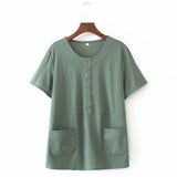 Women's Clothing Oversized Solid Cotton Short Sleeve Round Neck Pocket Button Casual Home Loose Belly Tshirt Tops-Outfit