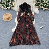 Fashionable Dress Women's French Nail Polish Brighten Embroidery V Collar Long Sleeve Leopard Print Elegant Long