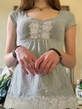 Style Lace Splicing V-Neck Buckle Pure Desire Short-Sleeved T-Shirt Hottie Waist-On-Wear Shirt