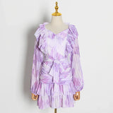 Causal Print Women Dress V Neck Lantern Long Sleve High Waist Lace Up Bow Ruffles Ruched Hit Color Dresses