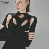Cyber dress Gothic Grunge Women Mini Dresses Punk Y2k Bodycon Long Sleeve Summer Dress Black Sexy Hollow Out