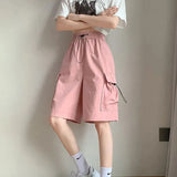Thin Cargo Shorts Women Y2K Loose Fashion Drawstring Pocket Shorts Bf Baggy Korean Streetwear Wide Leg Knee-Length Pants-Outfit