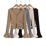 Fashion Women's Fashion Autumn And Winter New Spice Girl V-Neck Single-Breasted Flared Sleeve Knitted Cardigan Slim T-Shirt-Outfit