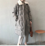 New women's winter down jacket faux rabbit fur collar long drawstring slim zipper ladies chic coat loose oversize outwear