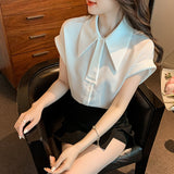 Toloer Shirt Female 2023 Summer Pendant Feeling Short Sleeve Retro Port Style A Button Small Necktie Commuting Professional Wear-Outfit