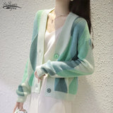 2022 V Neck Knitted Cardicon Sweater Female Winter Argyle Women's Sweater Coat Loose Vintage Knit Casual Jacket
