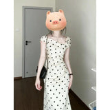 Spring Popular French White Wave Dot Three-Dimensional Flower Dress Pinch Folded Waist Thin Temperament Long