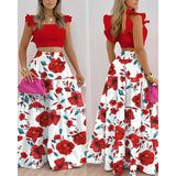 Top And Flower Print Colorblock Dress Two Piece