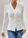 Women's Temperament Thread Under The Fork Knit Shirt Fashion Long-Sleeved Solid Color