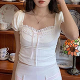 Fresh Romantic Pure Color Square Collar Bubble Sleeve Girl T-Shirt Ins Trend Slim Casual Blouse New Style-Outfit