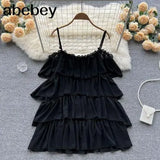 Spaghetti Strap Woman Dress Summer Solid Ruffles Off Shoulder Sundress Elegant Chiffon A-Line Beach Boho Dresses