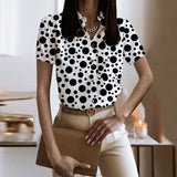 Lady Short Sleeve Print Shirt Top Casual Turn-down Collar Button Shirts For Women 2023 Spring Summer Slim Button Blouse-Outfit