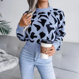Real Autumn And Winter Casual Leopard Print Waist Knitted Umbilly Sweater Women's