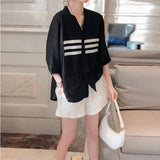 Striped Patchwork Midi Blouse Three Quarter Spring Summer Women's Clothing V-Neck Casual Single-breasted Loose