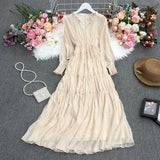 Holiday Dress Autumn Dress 2023 New Goddess Temperament V-Collar Rope-Drawn Waist Dress-Outfit