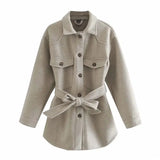 Aachoae Women Chic Wool Coats With Belt 2021 Solid Long Sleeve Pockets Shirt Jackets Outerwear Turn Down Collar Elegant