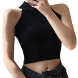 Women Ribbed Halter Tank Crop Tops Summer Spring 2023 Base T-shirt Harajuku Adults Sleeveless Solid Color Round Neck Knit Tops-Outfit