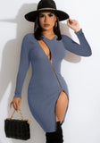 Winter Rib Zippers Slit Long Sleeve Bodycon