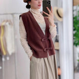 New French Vintage V Neckline Knitted Vest Cardigan With Chinese Style And Fashion Sleeveless Sweater-Outfit