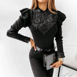 Women Lace Patchwork T-shirt Long Sleeve Turtleneck Skinny Tshirt Autumn Winter Fashion Slim Butterfly Sleeve Solid T Shirt-Outfit