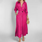 Toloer 2024 New Temperament Female Commuter Belt Solid Color Waist Long Sleeve Irregular Shirt Dress