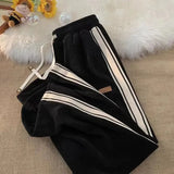 Striped Corduroy Sweatpants Women Winter Thick High Waist Drawstring Wide Leg Trousers Y2K Korean All-Match Straight Pants-Outfit