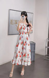 2025 New French Holiday Collar Shoulder Short Sleeves To Show Thin Flowers Long Orange Truss