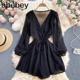 Women Dot Chiffon Rompers Long Sleeve V Neck Casual Loose Overalls Jumpsuits Summer Korean Wide Leg Beach