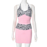 Women's Spring And Summer Tethering Neck Deep V-Neck Leopard Print Splicing Folded Bag Of Hips