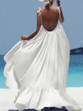 Summer New Women's Dress Fashion Suspender Beach Skirt Loose Solid Color Lace Open Back Large Swing Women's Long Dress