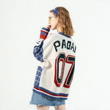 Baseball Uniform Space Cat Grid Numbers Embroidery Sweater Harajuku Retro Style Knitted Sweater Cotton Pullover
