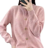 Spring And Autumn New Round Collar Simple Pure Color Temperament Commuting Color Square Buckle Loose Casual Sweater Knitting Cardigan-Outfit