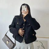 Fringe Tweed Cropped Jacket For Women Black Vintage V Neck Long Sleeve Luxury Coats Fall Casual Loose Chaquetas De