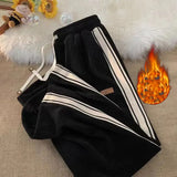 Striped Corduroy Sweatpants Women Winter Thick High Waist Drawstring Wide Leg Trousers Y2K Korean All-Match Straight Pants-Outfit